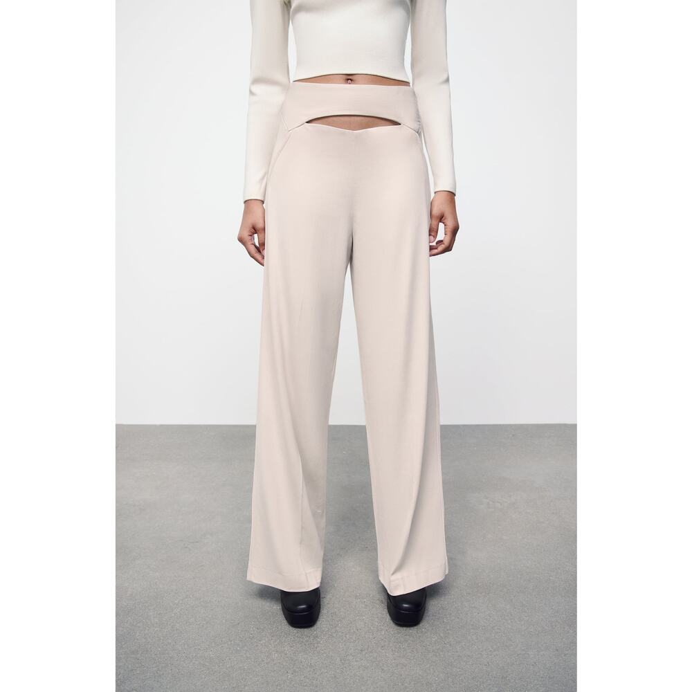 Zara Full Length Trousers with Cutout Opening in Ecru Off White